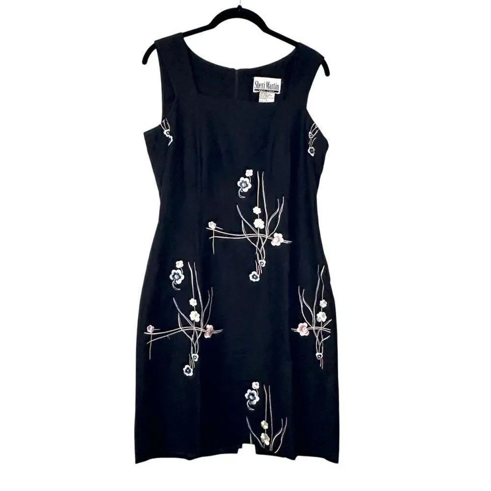 Sheri Martin Floral Linen Blend Embroidered Sleeveless Sheath Dress Black Size 4